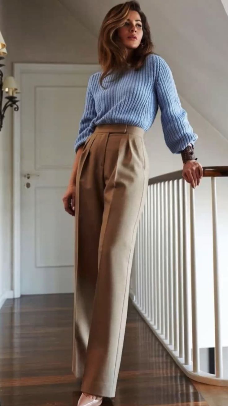 Soft Blue Knit and Khaki Trousers